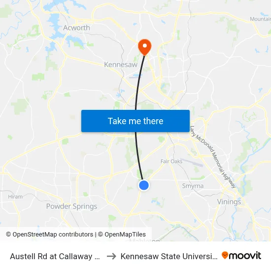 Austell Rd at Callaway Rd to Kennesaw State University map