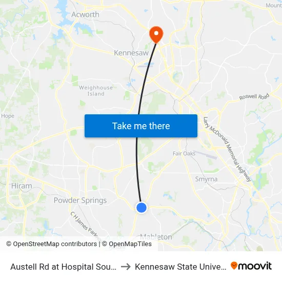 Austell Rd at Hospital South Dr to Kennesaw State University map