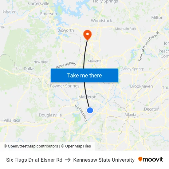 Six Flags Dr at Elsner Rd to Kennesaw State University map