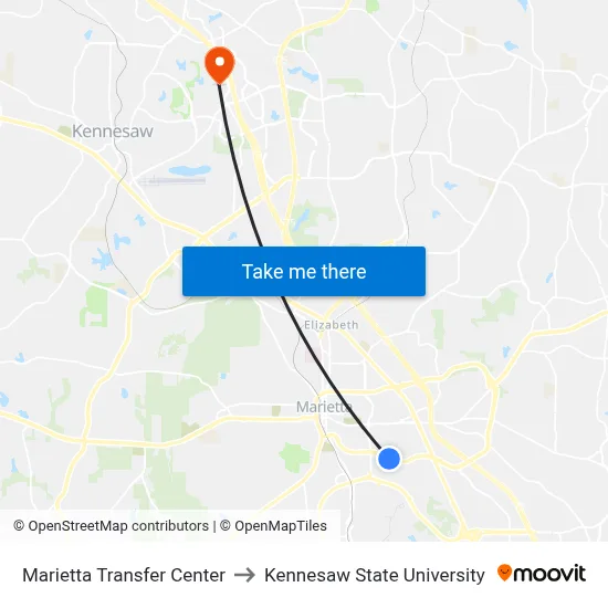 Marietta Transfer Center to Kennesaw State University map