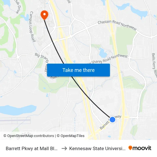 Barrett Pkwy at Mall Blvd to Kennesaw State University map