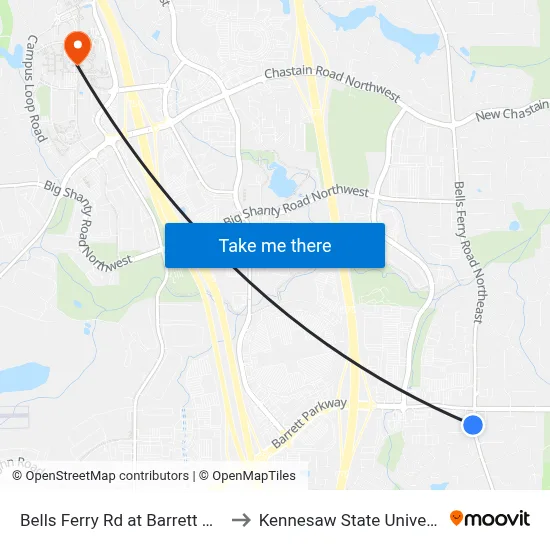 Bells Ferry Rd at Barrett Pkwy to Kennesaw State University map