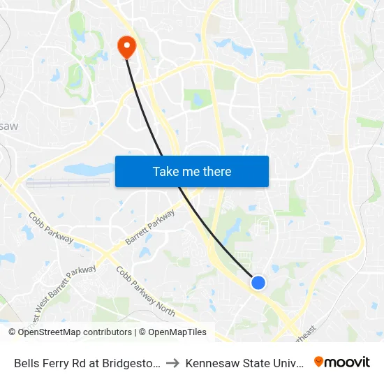 Bells Ferry Rd at Bridgestone Dr to Kennesaw State University map