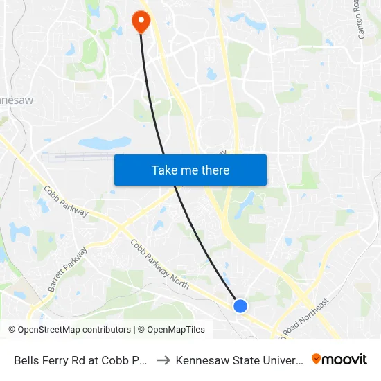 Bells Ferry Rd at Cobb Pkwy to Kennesaw State University map