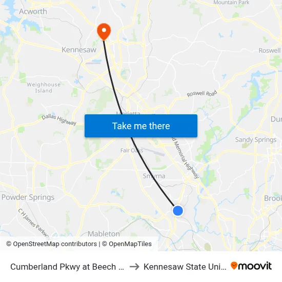 Cumberland Pkwy at Beech Haven Tr to Kennesaw State University map