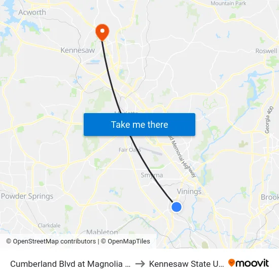Cumberland Blvd at Magnolia Vinings Apts to Kennesaw State University map