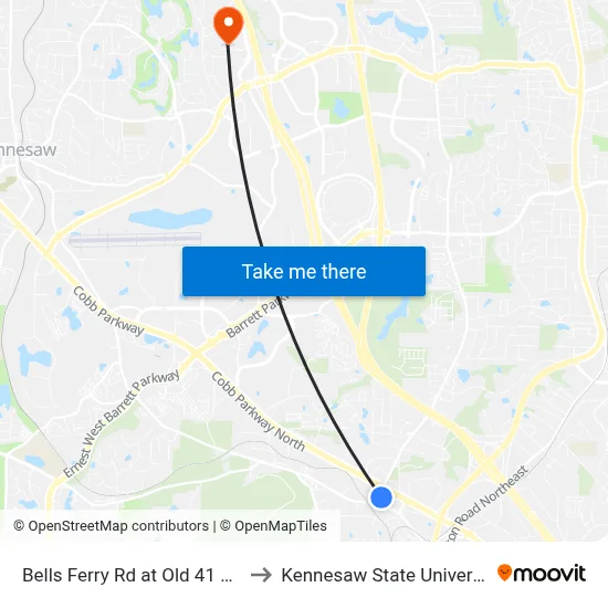 Bells Ferry Rd at Old 41 Hwy to Kennesaw State University map