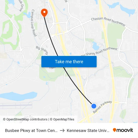 Busbee Pkwy at Town Center Dr to Kennesaw State University map