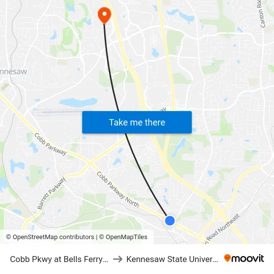 Cobb Pkwy at Bells Ferry Rd to Kennesaw State University map