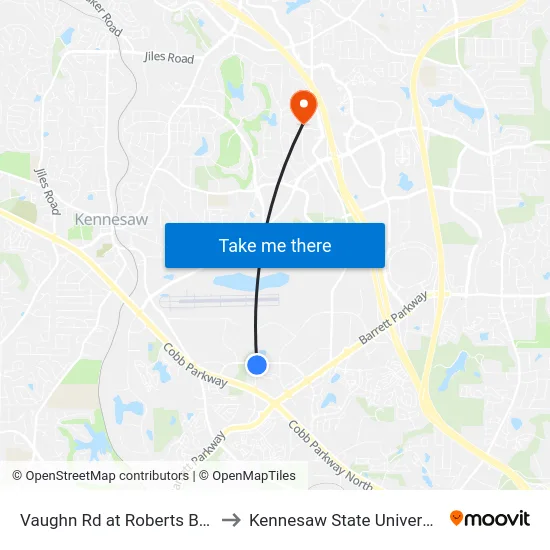 Vaughn Rd at Roberts Blvd to Kennesaw State University map