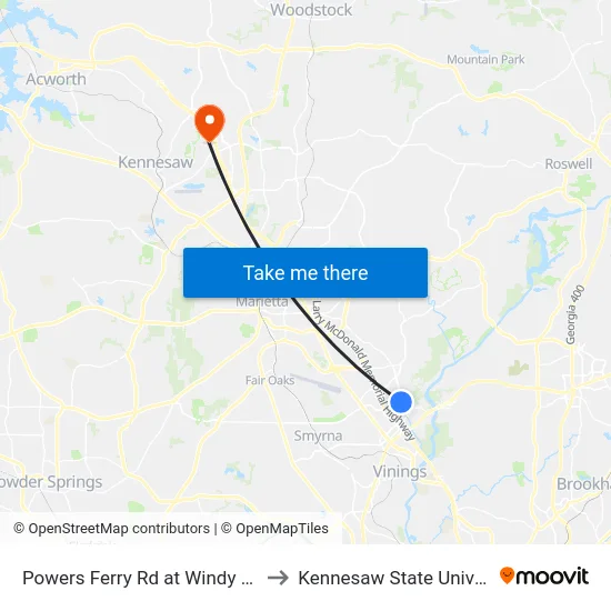 Powers Ferry Rd at Windy Hill Rd to Kennesaw State University map
