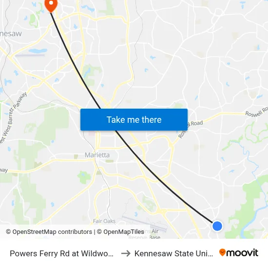 Powers Ferry Rd at Wildwood Pkwy to Kennesaw State University map