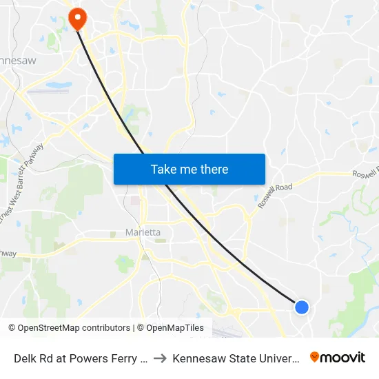 Delk Rd at Powers Ferry Rd to Kennesaw State University map