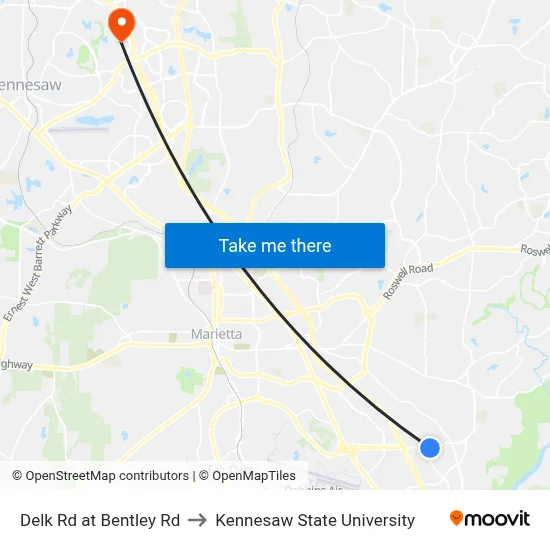 Delk Rd at Bentley Rd to Kennesaw State University map