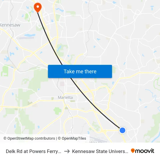 Delk Rd at Powers Ferry Pl to Kennesaw State University map