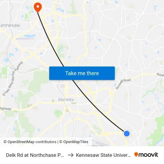 Delk Rd at Northchase Pkwy to Kennesaw State University map
