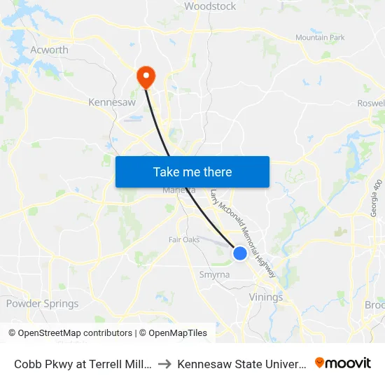 Cobb Pkwy at Terrell Mill Rd to Kennesaw State University map