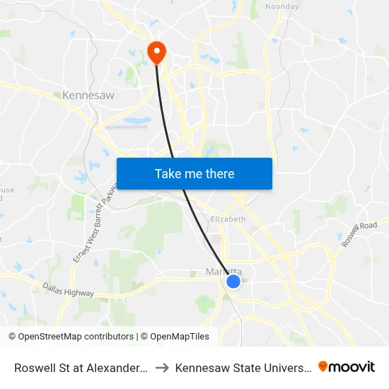 Roswell St at Alexander St to Kennesaw State University map