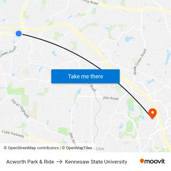 Acworth Park & Ride to Kennesaw State University map