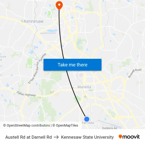 Austell Rd at Darnell Rd to Kennesaw State University map