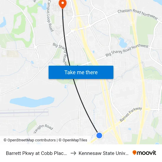 Barrett Pkwy at Cobb Place Blvd to Kennesaw State University map
