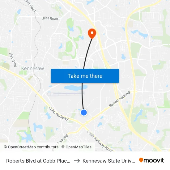 Roberts Blvd at Cobb Place Blvd to Kennesaw State University map