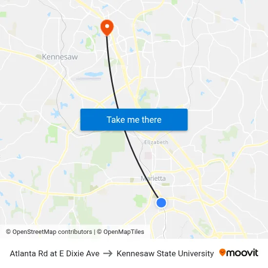 Atlanta Rd at E Dixie Ave to Kennesaw State University map