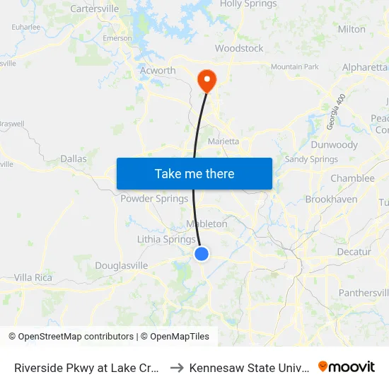 Riverside Pkwy at Lake Crossing to Kennesaw State University map