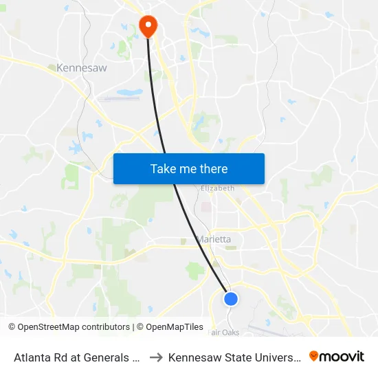 Atlanta Rd at Generals Rd to Kennesaw State University map