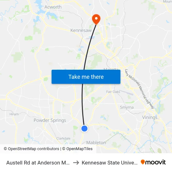 Austell Rd at Anderson Mill Rd to Kennesaw State University map