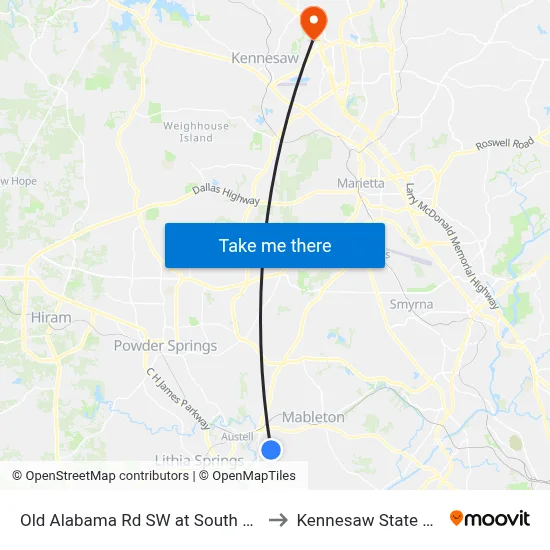 Old Alabama Rd SW at South Gordon Rd SW to Kennesaw State University map
