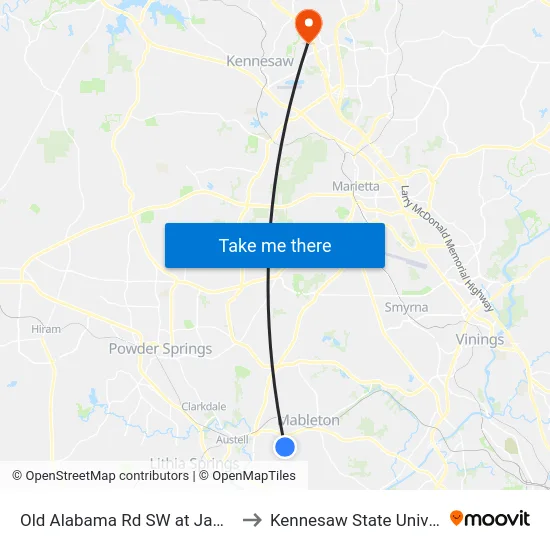 Old Alabama Rd SW at James Rd to Kennesaw State University map