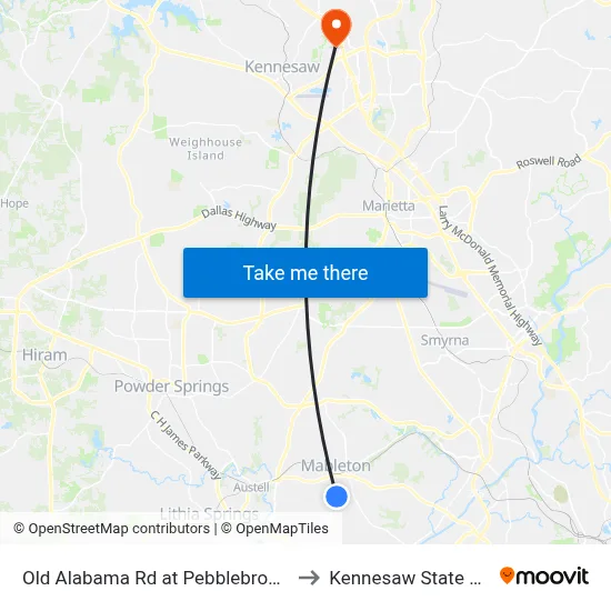 Old Alabama Rd at Pebblebrook High Schoo to Kennesaw State University map