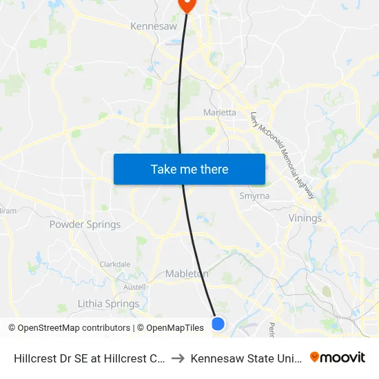 Hillcrest Dr SE at Hillcrest Chase Ln to Kennesaw State University map
