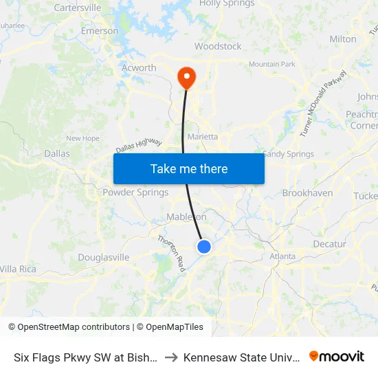 Six Flags Pkwy SW at Bishop Rd to Kennesaw State University map