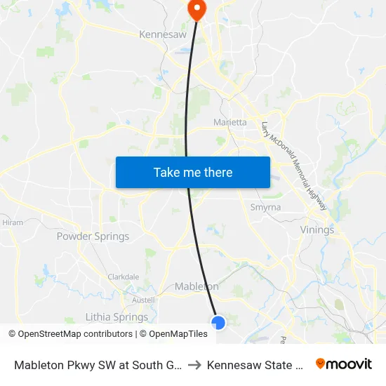 Mableton Pkwy SW at South Gordon Rd SW to Kennesaw State University map