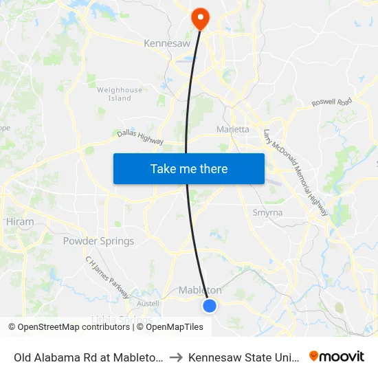 Old Alabama Rd at Mableton Pkwy to Kennesaw State University map