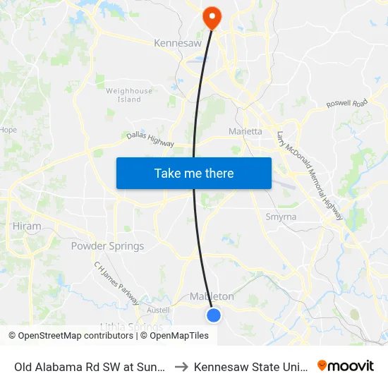 Old Alabama Rd SW at Sunset Blvd to Kennesaw State University map