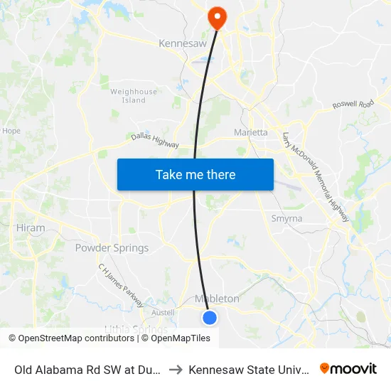 Old Alabama Rd SW at Dunn Rd to Kennesaw State University map