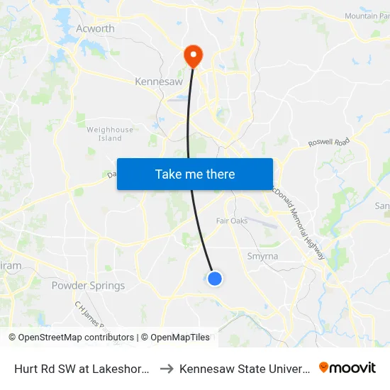 Hurt Rd SW at Lakeshore Dr to Kennesaw State University map