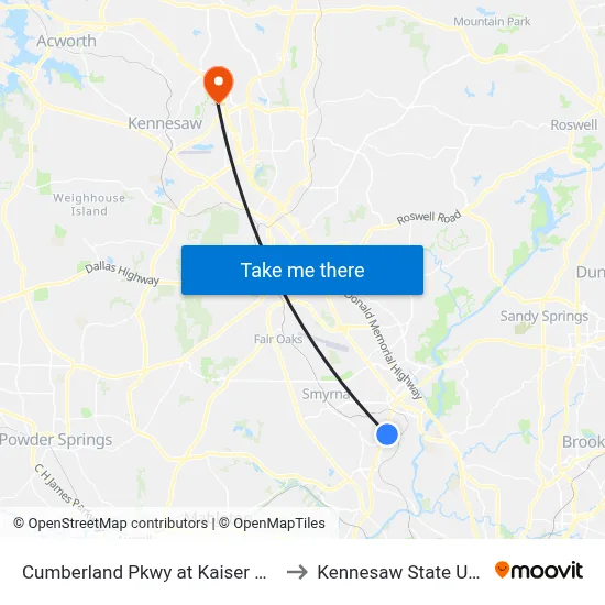 Cumberland Pkwy at Kaiser Permanente to Kennesaw State University map