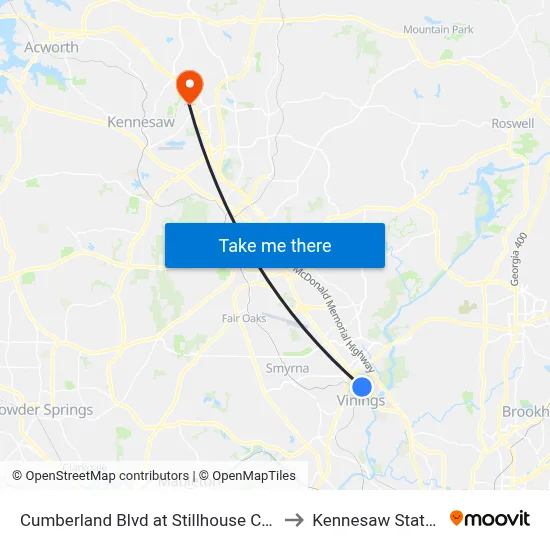 Cumberland Blvd at Stillhouse Creek Dr/Riverwood P to Kennesaw State University map