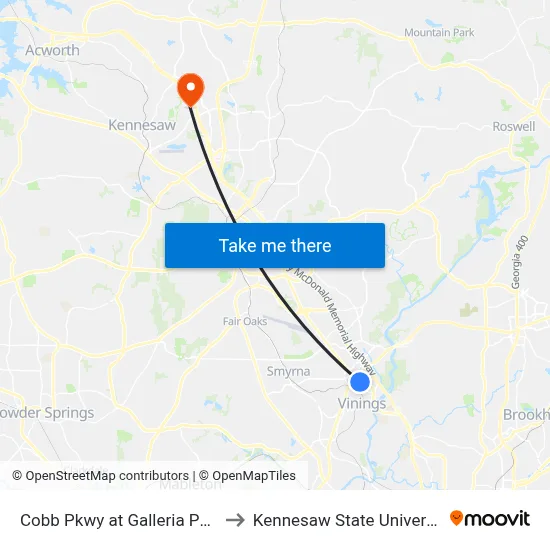 Cobb Pkwy at Galleria Pkwy to Kennesaw State University map