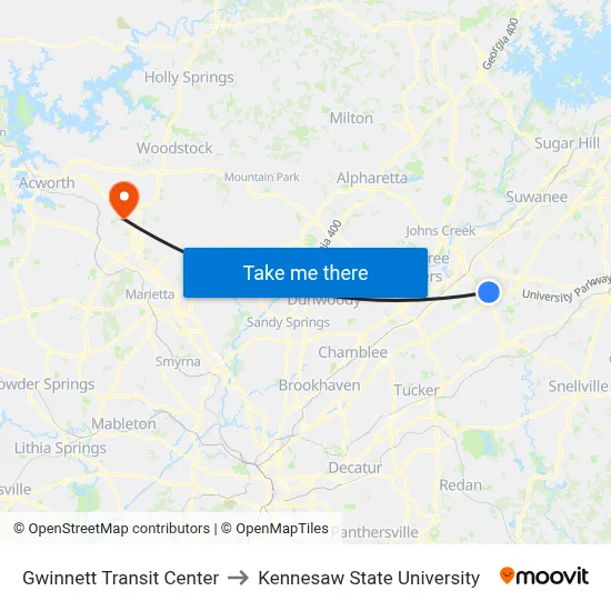 Gwinnett Transit Center to Kennesaw State University map