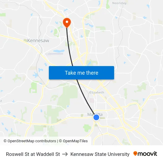 Roswell St at Waddell St to Kennesaw State University map