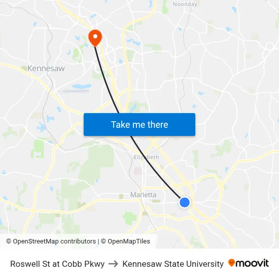 Roswell St at Cobb Pkwy to Kennesaw State University map