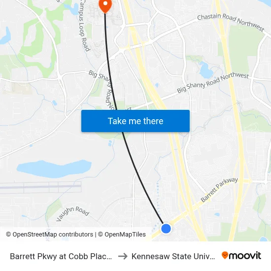Barrett Pkwy at Cobb Place Blvd to Kennesaw State University map