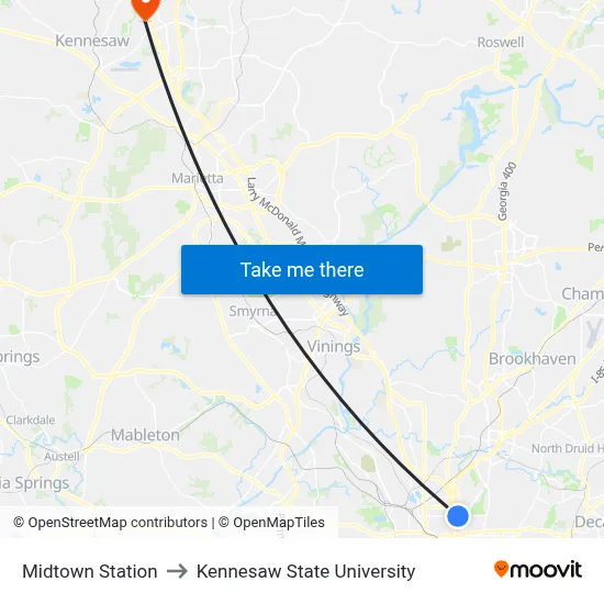 Midtown Station to Kennesaw State University map