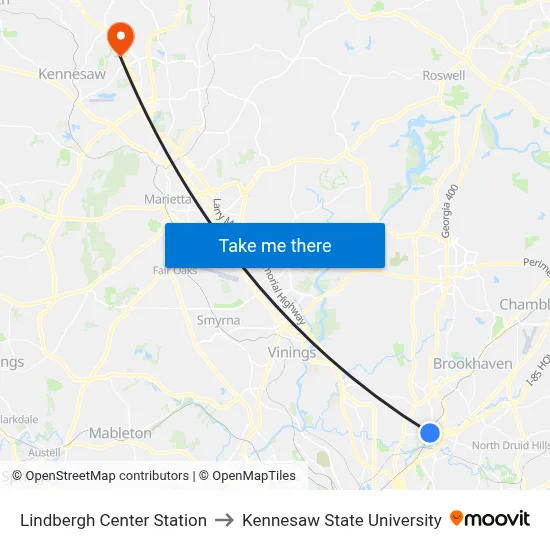 Lindbergh Center Station to Kennesaw State University map