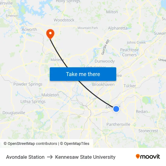 Avondale Station to Kennesaw State University map
